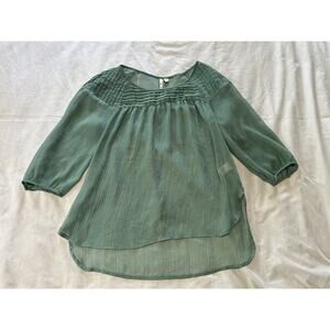 Lauren Conrad Green Sheer Blouse M | Gold Metallic Striped Peasant Top